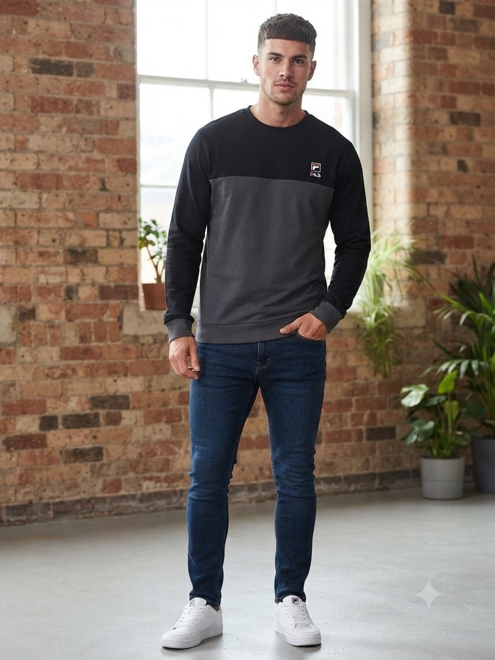 FILA Men's Two-Tone Grey & Black Crew Sweatshirt